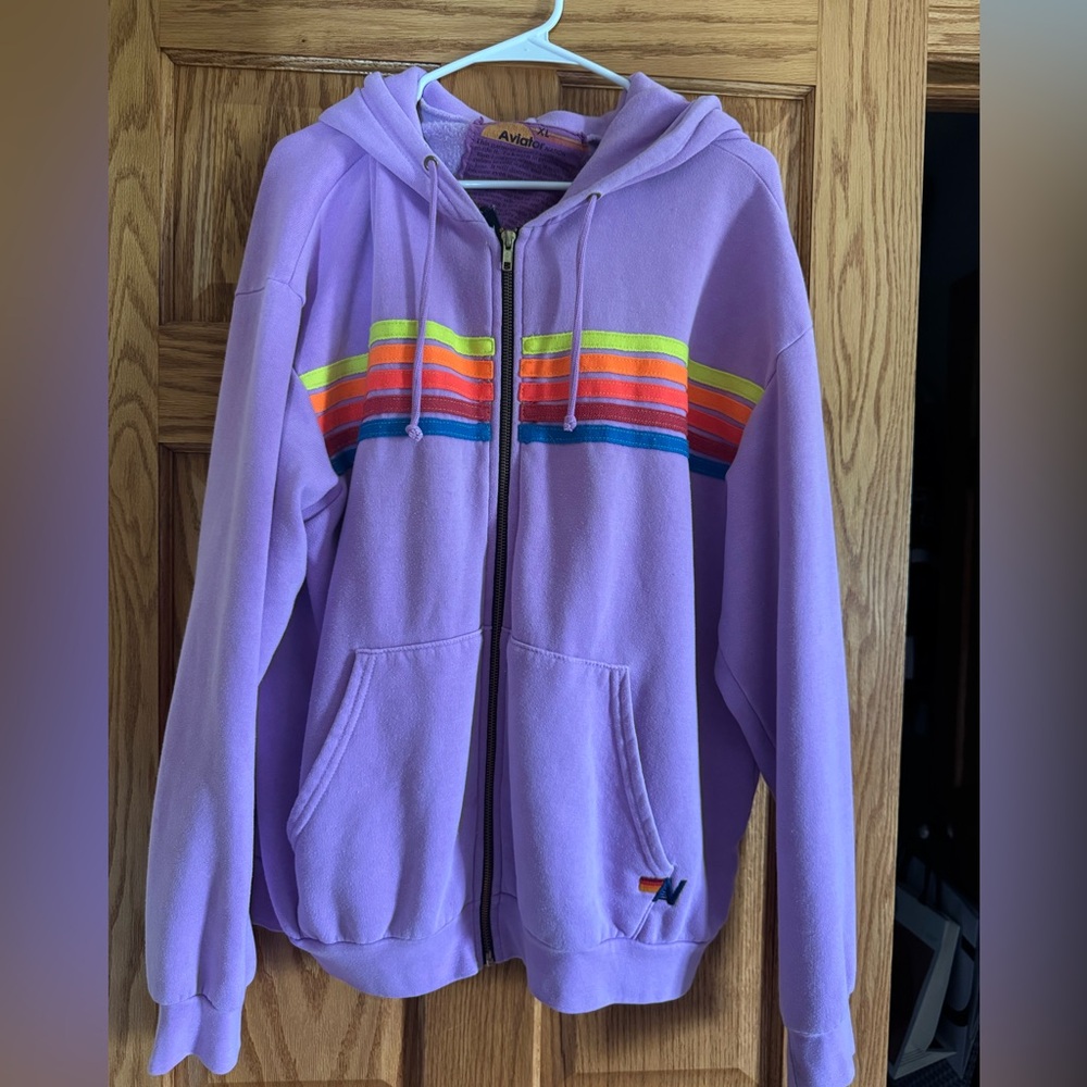Aviator Nation Purple Hoodie with Rainbow Neon Stripes